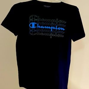 Blue Champion logo shirt.